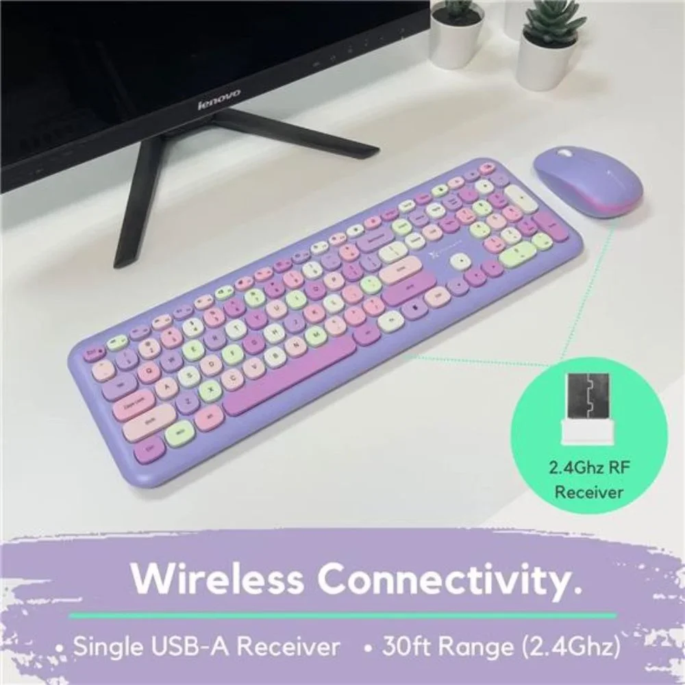 Colorful Keyboard and Mouse Combo - 2.4G Wireless Aesthetic Purple Keyboard